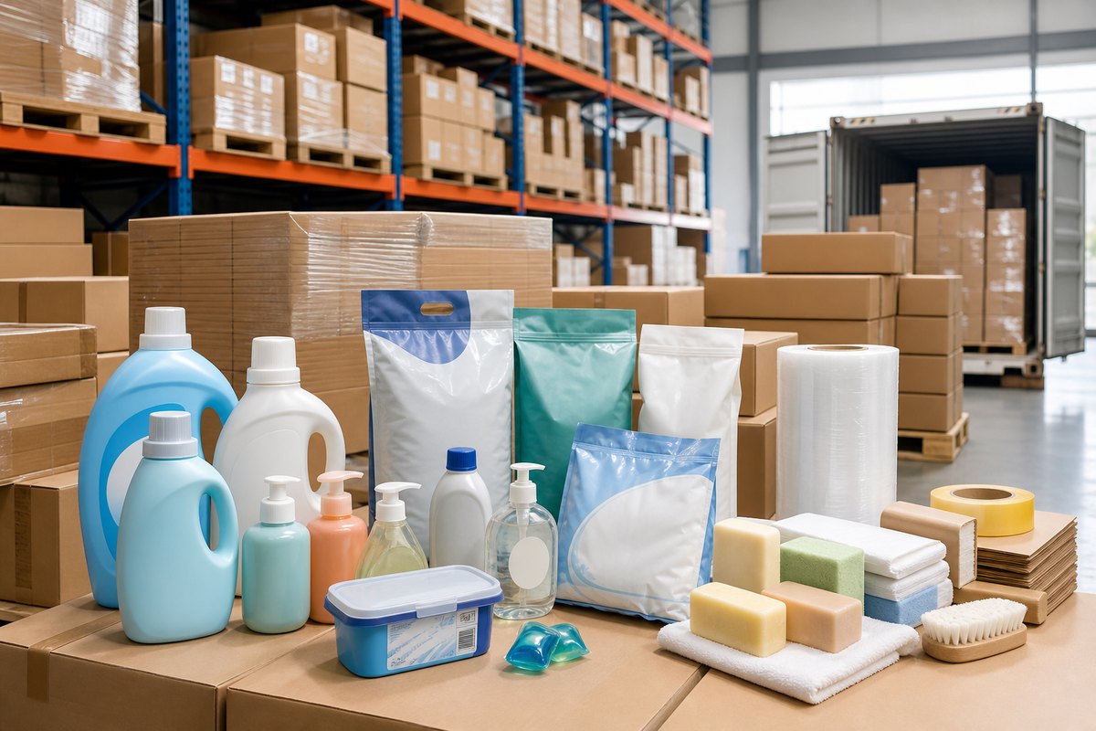 Cleaning product sourcing and warehouse sample scene